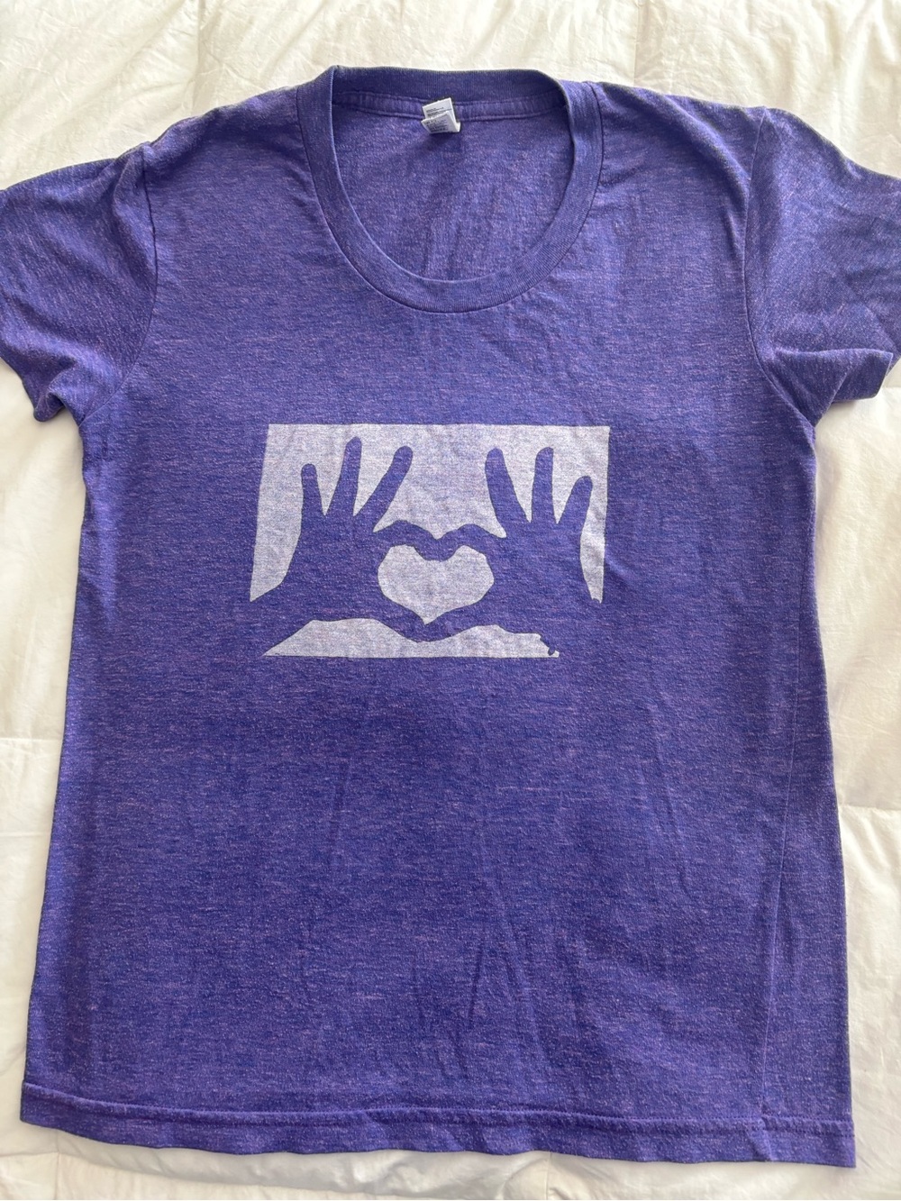 American Apparel Purple Heather Tee with White Hand Heart Graphic. Early 2000’s